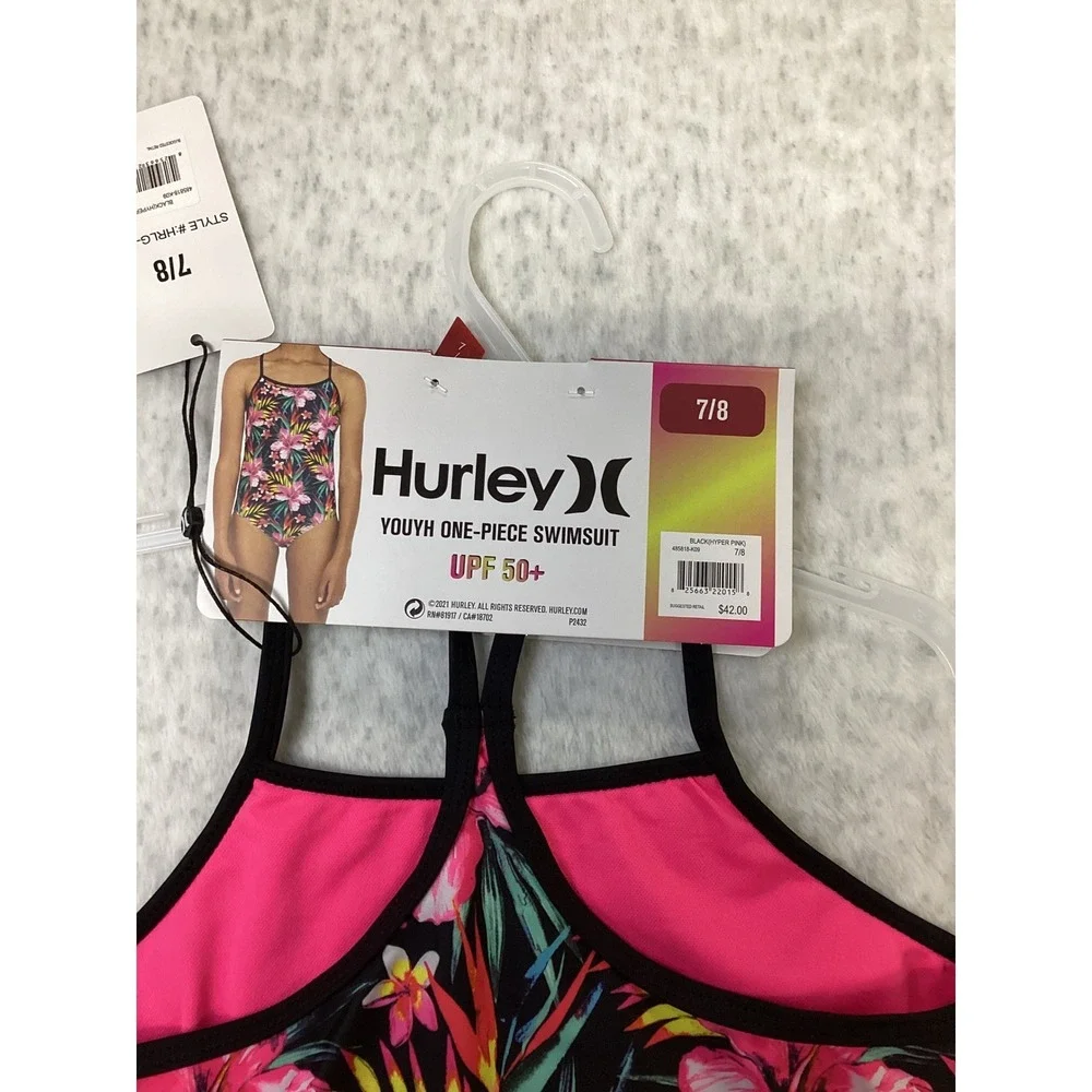 Hurley Girls Youth One-Piece Swimsuit Black Hyper Pink Floral UPF 50+‎ 7/8 NWT